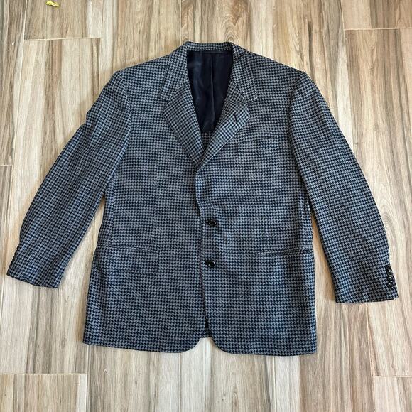VTG Oxxford Clothes Blazer Crown Cashmere Houndstooth Size 46R Blue Navy Jacket - Picture 2 of 10